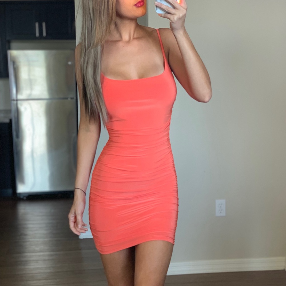 -Bright Neon Coral Silky Tank Dress-